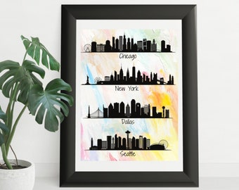 City Skyline Wall Print Wedding Gift, Anniversary Gift for couples, Personalized Map Custom Travel Poster, Custom Art, Adventure Map,