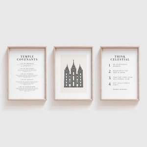 Puede incluir: Tres impresiones enmarcadas con fondo blanco. La impresión de la izquierda presenta una lista de convenios del templo, la impresión del medio presenta una ilustración en blanco y negro del Templo de Salt Lake, y la impresión de la derecha presenta una lista de cuatro puntos sobre "Pensar celestial" por Russell M. Nelson.