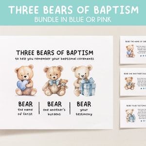 LDS 洗礼の 3 匹のクマの印刷可能なバンドル | 青とピンク | 8 つのユニークなプリント | LDS 洗礼ポスター | LDS 洗礼ギフト | LDS 洗礼装飾