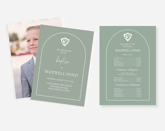 May include: A green and white baptism invitation with a photo of a young boy in a suit. The invitation includes the text "You are invited to the baptism of Maxwell Pond" and the date and location of the event.