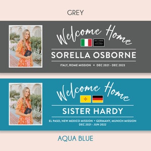 May include: Two welcome home banners with photos of women holding books. The top banner is grey with the text "Welcome Home Sorella Osborne Italy, Rome Mission Dec 2021 - Dec 2023". The bottom banner is blue with the text "Welcome Home Sister Hardy El Paso, New Mexico Mission Germany, Munich Mission Dec 2021 - Jun 2022".