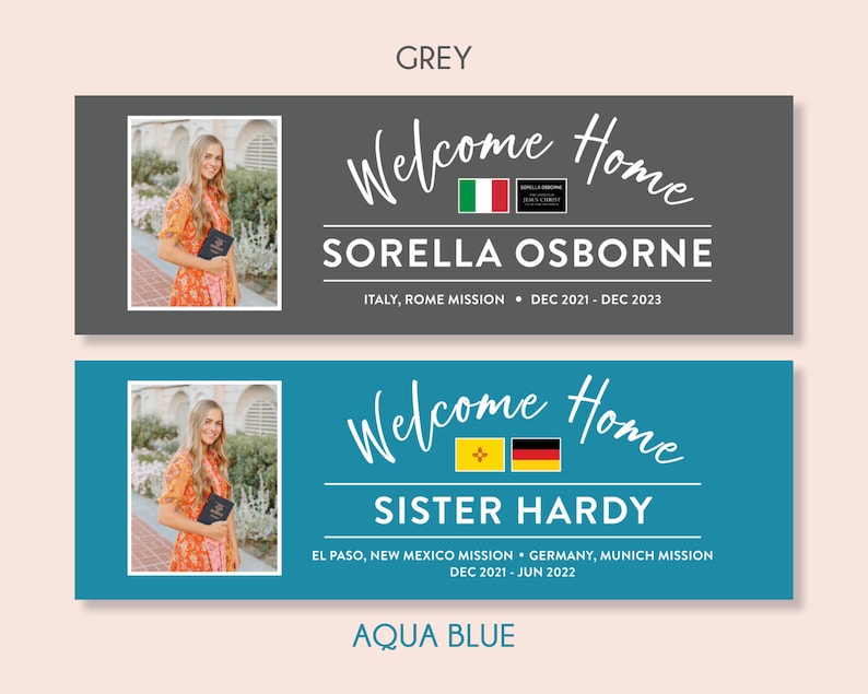 May include: Two welcome home banners with photos of women holding books. The top banner is grey with the text "Welcome Home Sorella Osborne Italy, Rome Mission Dec 2021 - Dec 2023". The bottom banner is blue with the text "Welcome Home Sister Hardy El Paso, New Mexico Mission Germany, Munich Mission Dec 2021 - Jun 2022".