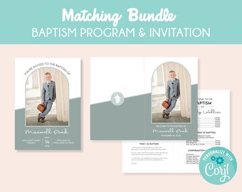 May include: A blue and white baptism invitation and program with a photo of a young boy in a suit. The invitation says "You're invited to the baptism of Maxwell Pond" and the program says "Welcome to the baptism of Maxwell Pond".