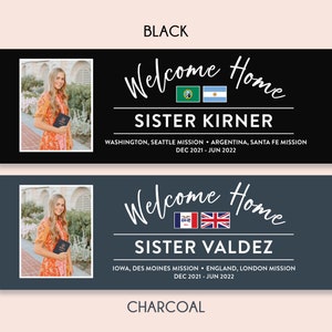 May include: Two welcome home banners featuring a photo of a woman in a floral dress holding a book. The top banner is black with white text and the bottom banner is charcoal with white text. The text on the top banner reads "Welcome Home Sister Kirner Washington, Seattle Mission Argentina, Santa Fe Mission Dec 2021 - Jun 2022". The text on the bottom banner reads "Welcome Home Sister Valdez Iowa, Des Moines Mission England, London Mission Dec 2021 - Jun 2022".
