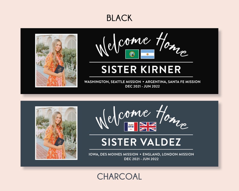 May include: Two welcome home banners featuring a photo of a woman in a floral dress holding a book. The top banner is black with white text and the bottom banner is charcoal with white text. The text on the top banner reads "Welcome Home Sister Kirner Washington, Seattle Mission Argentina, Santa Fe Mission Dec 2021 - Jun 2022". The text on the bottom banner reads "Welcome Home Sister Valdez Iowa, Des Moines Mission England, London Mission Dec 2021 - Jun 2022".