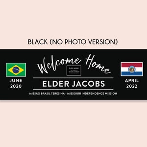 May include: A black welcome home sign with the text "Welcome Home" and "Elder Jacobs" in white. The sign also includes the flags of Brazil and Missouri, with the dates "June 2020" and "April 2022" below the flags. The text "Miss&atilde;o Brasil Teresina - Missouri Independence Mission" is also included on the sign.