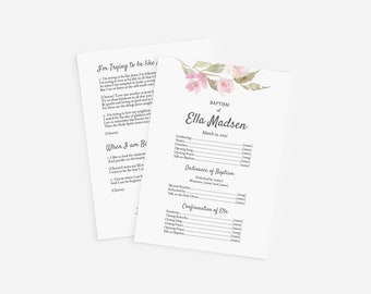 May include: A printable baptism program with a watercolor floral design in pink and green. The program includes the name "Ella Madsen" and the date "March 12, 2021". The program includes sections for the order of service, including the conducting, choir, opening song, opening prayer, talk on baptism, ordinance of baptism, musical number, talk on the holy spirit, confirmation of Ella, testimony, closing remarks, closing song, closing prayer, and talk on baptism.