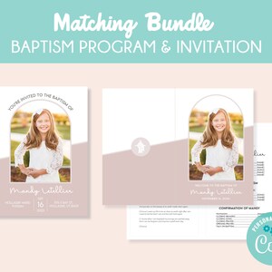 May include: A pink and white printable baptism program and invitation set with a photo of a young girl in a white dress. The text reads "You're invited to the baptism of Mandy Letellier" and "Welcome to the baptism of Mandy Letellier".