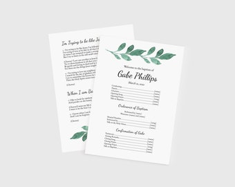 May include: A baptism program for Gabe Phillips, scheduled for March 12, 2022. The program includes a list of events, including the order of service, the names of the officiant, and the witnesses. The program is decorated with a watercolor illustration of green leaves.