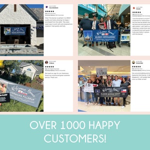 May include: A collage of four images showcasing customer reviews and photographs of welcome home banners for missionaries. The banners are personalised with the missionary's name and feature a welcome home message. The reviews highlight the quality of the banners and the positive customer service experience.