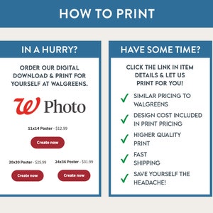 以下が含まれることがあります： 上部に「HOW TO PRINT」というテキストが書かれた青と白のグラフィック。グラフィックは2つのセクションに分かれています。左側のセクションには「IN A HURRY?」というテキストと「ORDER OUR DIGITAL DOWNLOAD & PRINT FOR YOURSELF AT WALGREENS.」というテキストがあります。右側のセクションには「HAVE SOME TIME?」というテキストと「CLICK THE LINK IN ITEM DETAILS & LET US PRINT FOR YOU!」というテキストがあります。右側のセクションには、次のテキストが書かれた5つのチェックマークのリストもあります。「SIMILAR PRICING TO WALGREENS」、「DESIGN COST INCLUDED IN PRINT PRICING」、「HIGHER QUALITY PRINT」、「FAST SHIPPING」、「SAVE YOURSELF THE HEADACHE!」