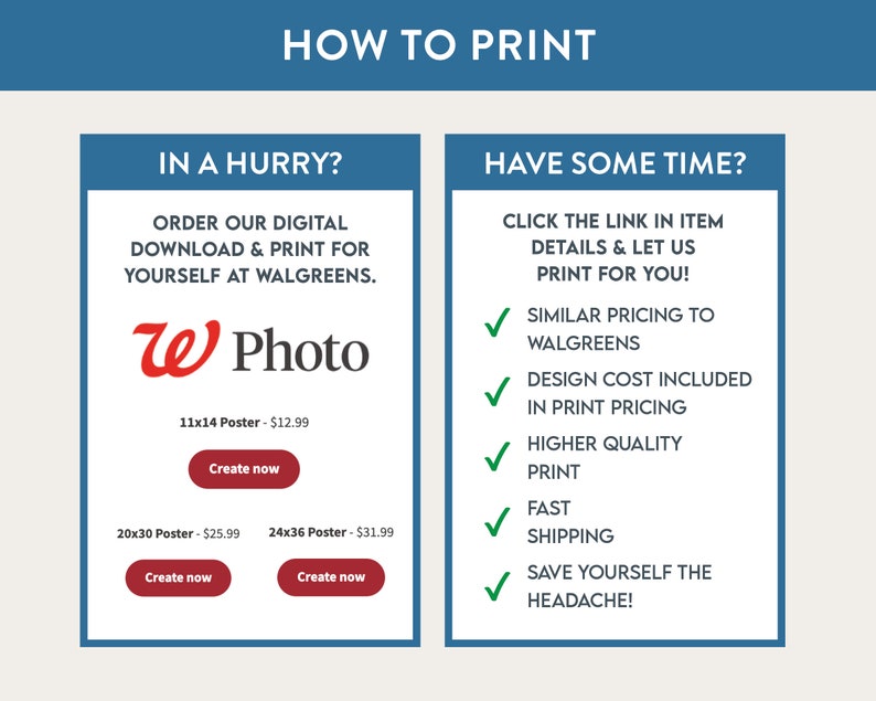 以下が含まれることがあります： 上部に「HOW TO PRINT」というテキストが書かれた青と白のグラフィック。グラフィックは2つのセクションに分かれています。左側のセクションには「IN A HURRY?」というテキストと「ORDER OUR DIGITAL DOWNLOAD & PRINT FOR YOURSELF AT WALGREENS.」というテキストがあります。右側のセクションには「HAVE SOME TIME?」というテキストと「CLICK THE LINK IN ITEM DETAILS & LET US PRINT FOR YOU!」というテキストがあります。右側のセクションには、次のテキストが書かれた5つのチェックマークのリストもあります。「SIMILAR PRICING TO WALGREENS」、「DESIGN COST INCLUDED IN PRINT PRICING」、「HIGHER QUALITY PRINT」、「FAST SHIPPING」、「SAVE YOURSELF THE HEADACHE!」