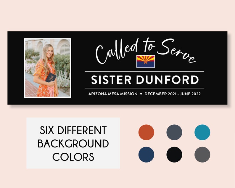 May include: A black and white banner with a photo of a woman in a floral dress holding a book. The banner reads "Called to Serve" with the Arizona flag and "Sister Dunford" in white text. The text "Arizona Mesa Mission December 2021 - June 2022" is also included.