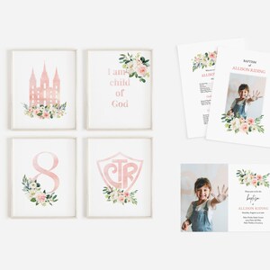 Peut inclure: Un ensemble de fichiers numériques imprimables pour une célébration de baptême. Les fichiers présentent un motif floral rose et blanc avec un temple, le chiffre 8, un bouclier avec les lettres CTR et la phrase "Je suis un enfant de Dieu".