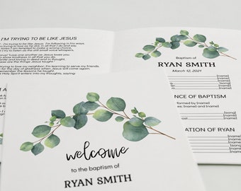 May include: A baptism program with a watercolor illustration of eucalyptus leaves. The program includes the text "Baptism of RYAN SMITH" and the date "March 12, 2021".