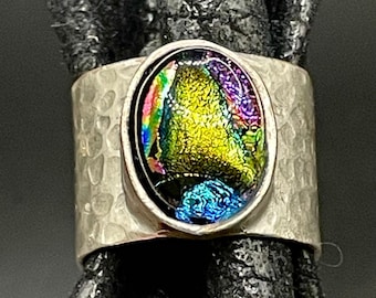 Dichroic Glass Ring. Dichroic cabochon in a silver plated brass,adjustable mount, nickle free, gift for mom, gift for friend, gift for her