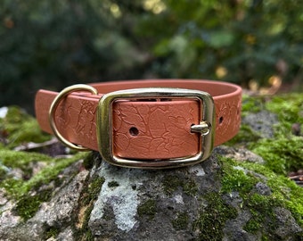 Tan Waterproof Dog Collar | Personalised Biothane | Custom Print Floral / Foliage |