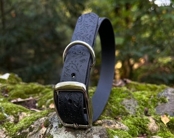 Black Waterproof Dog Collar | Personalised Biothane | Custom Print Floral / Foliage