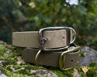 Beige Waterproof Dog Collar | Personalised Biothane | Custom Print Floral / Foliage | Washable