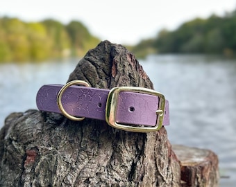 Mallow Waterproof Dog Collar | Personalised Biothane | Custom Print Floral / Foliage | Mauve Purple