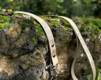 May include: A beige leather dog leash with a silver clip and a ring. The leash is lying on a mossy rock.