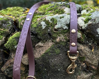 Brown Waterproof Dog Lead | Foliage / Floral Embossed Personalised Biothane Leash