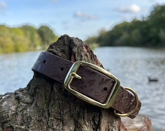 Brown Waterproof Dog Collar | Personalised Biothane | Custom Print Floral / Foliage
