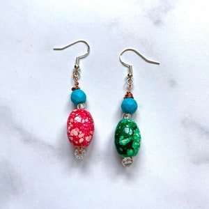 Handmade Pink Green Vintage Beaded Earrings, one of a kind unique jewelry