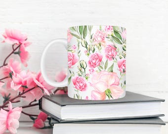 Rosa Blumen Kaffeebecher: Cottagecore Keramikbecher, Geschenk für Blumenliebhaber