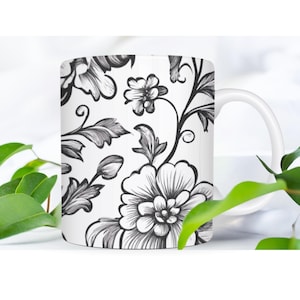 Black & White Floral Vine Mug: Elegant Ceramic Coffee Cup