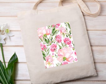 Pink Floral Canvas Tote Bag: Reusable Eco-Friendly Grocery Bag (16"x15")