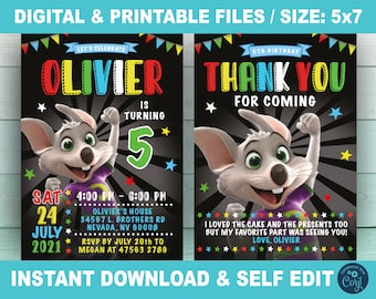 Chuck E. Cheese Invitation for Birthday Party, Self Edit Thank You Card, Digital Invitation Theme, Printable Instant Download