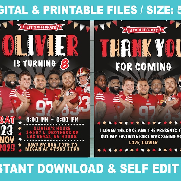 San Francisco 49ers Invitation for Birthday Party American Football - Self Edit and Instant Download