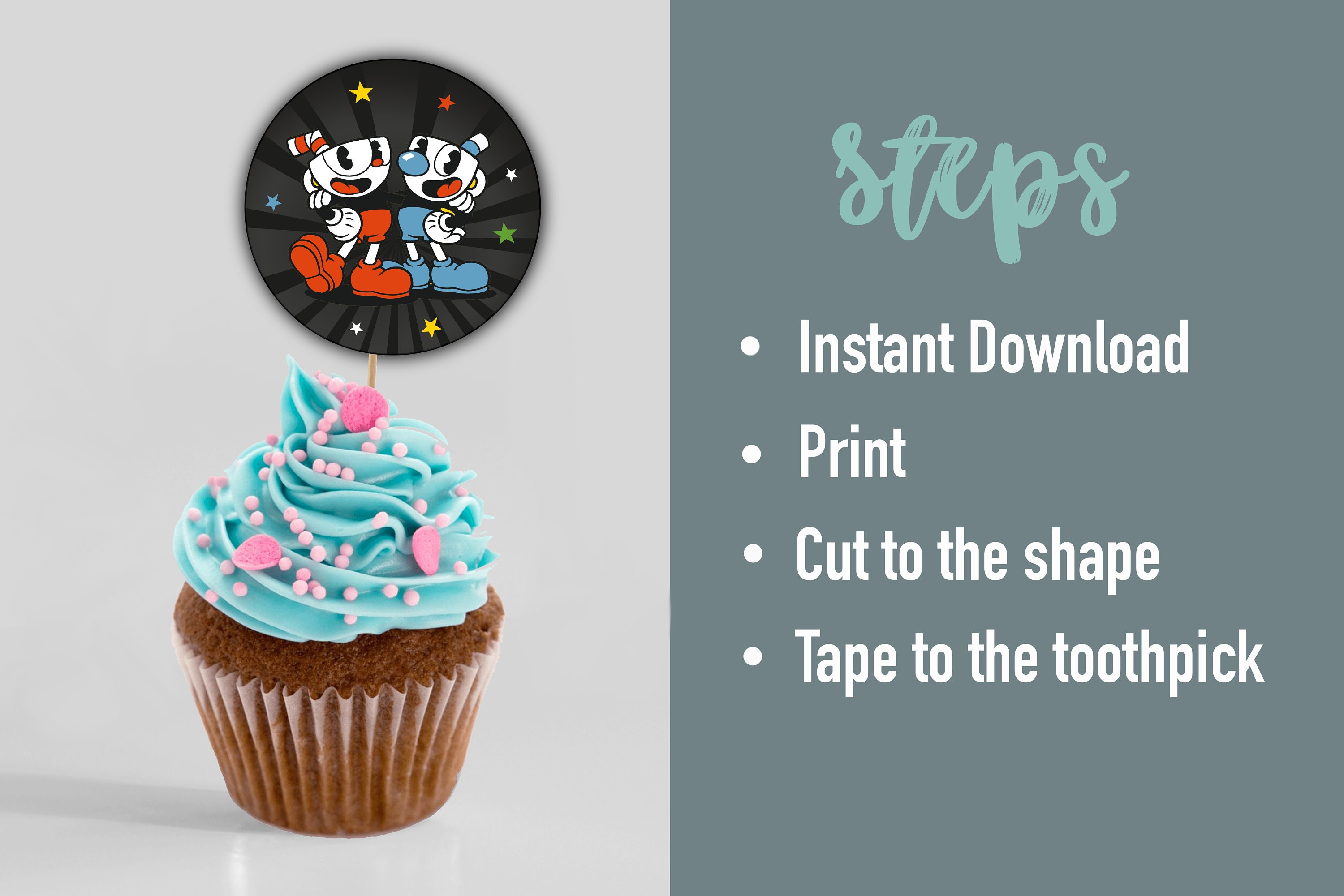 Cuphead Cupcakes Toppers for Birthday Party Cake Topper Decoration ...