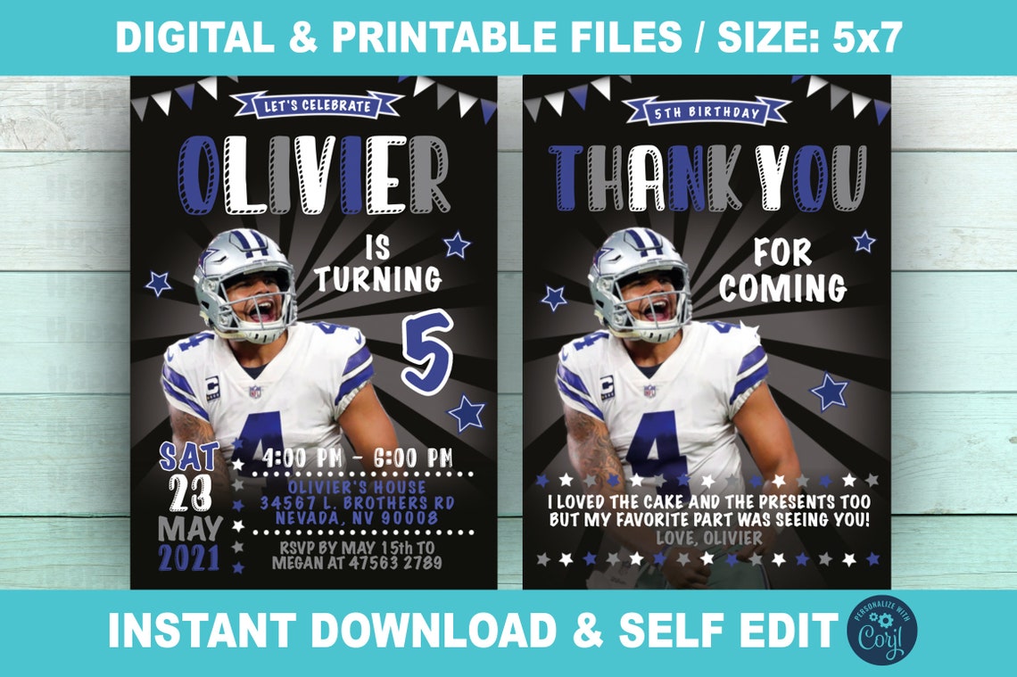 Dallas Cowboys Invitation for Birthday Party, Dak Prescott Self Edit