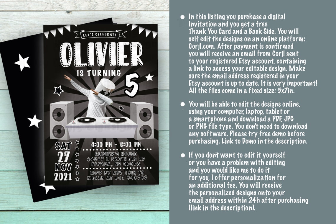 Dj Marshmello Invitation for Birthday Party Self Edit Thank Etsy