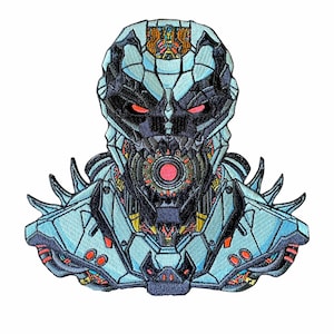 May include: A blue and black embroidered patch of a robot head with red eyes and a red light in the center of its chest.