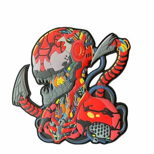 May include: A red, black, and gray cartoon character with a mechanical design. The character has a large head with a red and black helmet and a large, open mouth with sharp teeth. The character's body is made up of gears, wires, and other mechanical parts.