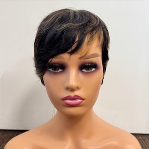 Short Pixie Cut Human Hair Wig – 100%Remi Hair-Highlighted Real Hair Wig – Glueless Natural Wig for Daily Wear