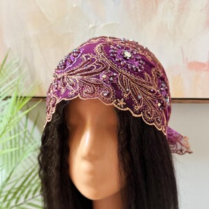 Elegant Purple and Gold Women\'s Headwrap Hauwa Handbeaded Luxury Ready-to-wear Elegant Turbans for  main image 2
