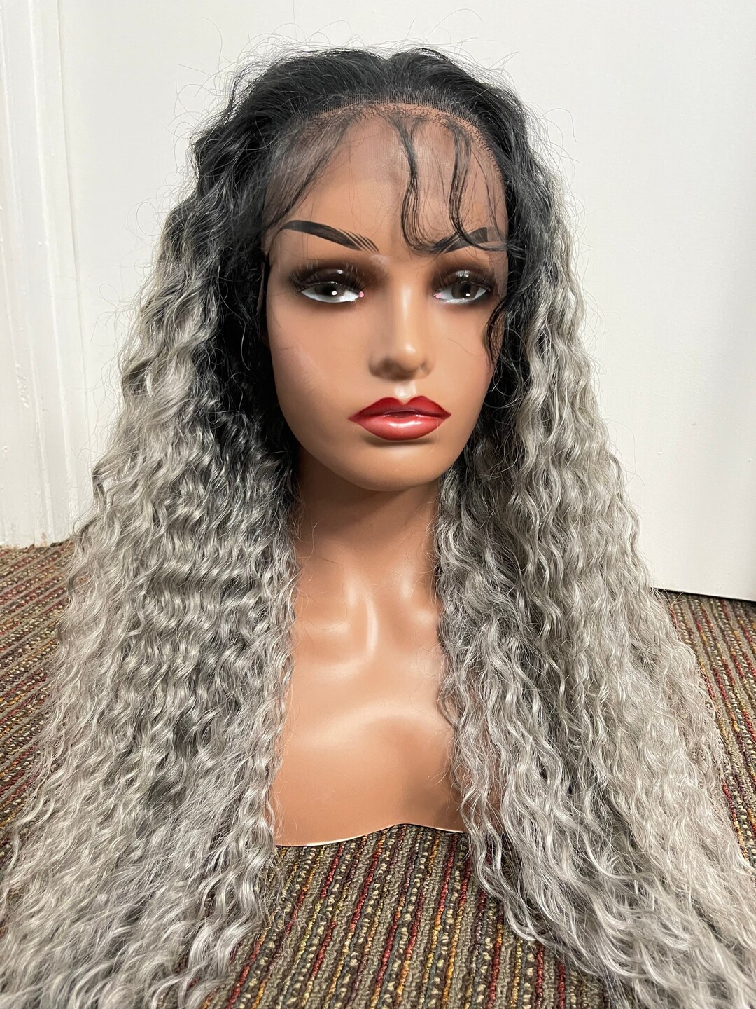 26''salt & Pepper Gray Wig, Lace Front Soft Synthetic Deep Wavy Wig