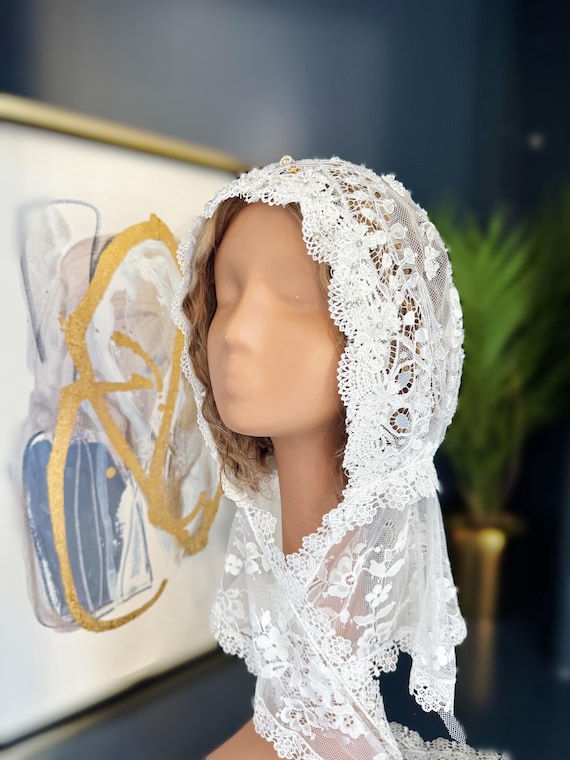 Luxury Handmade Beaded Lace Chapel Veil Mantilla Scarf | White Embroidered Head Covering |