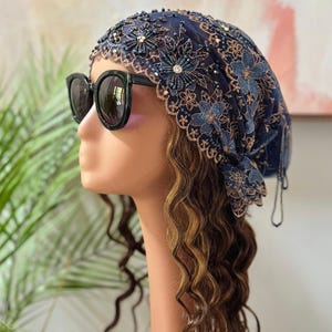 Turban de luxe fait main en dentelle | Chapeau d'église en perles fait main | Casquette en filet respirante｜