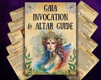 May include: A guide to invoking and setting up an altar for the goddess Gaia. The guide features a watercolor illustration of Gaia, a woman with a crown of leaves and flowers, surrounded by nature.