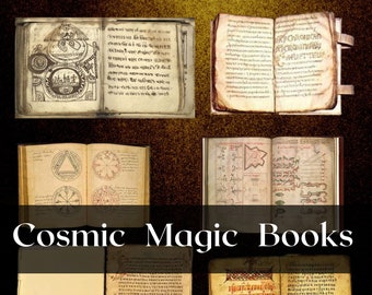 May include: Five antique books with leather covers and handwritten text. The books are open to reveal pages with illustrations and text in a variety of languages. The title "Cosmic Magic Books" is written in black letters across the bottom of the image.
