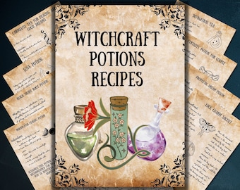 Recettes de sorcellerie à base de plantes et potions, pages du livre des ombres pour sorcière débutante, magie de la wicca, grimoire, pages de livre de sorts de recettes de potions