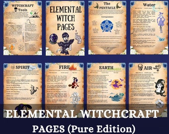 May include: A set of six vintage-style illustrated pages with information about elemental witchcraft. The pages are titled "Witchcraft Tools", "Elemental Witch Pages", "The Pentacle", "Water", "Spirit", "Fire", "Earth", and "Air". Each page features a witch illustration and text about the element.
