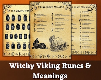 Könnte beinhalten: Eine Illustration im Vintage-Stil von Wikinger-Runen mit ihren Bedeutungen. Das Bild zeigt einen braunen Hintergrund mit schwarzem Text und Illustrationen der Runen. Die Runen sind in Reihen angeordnet, wobei ihre entsprechenden Bedeutungen unter jeder Rune aufgeführt sind. Das Bild enthält auch eine Schwarzweißillustration einer Katze und einer Frau in einem Wagen.