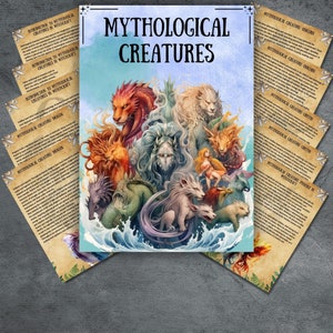 Könnte beinhalten: Eine farbenfrohe Illustration von Fabelwesen, darunter ein Drache, ein Greif, ein Einhorn und ein Phönix. Die Kreaturen sind im Aquarell-Stil dargestellt und von Wellen umgeben. Der Text "Mythological Creatures" ist in großen, fetten Buchstaben oben im Bild geschrieben.