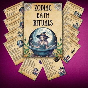 Zodiac Rituals magick, grimoire pages for book of shadows, wicca witchcraft, zodiac signs bath, Pagan, printable BOS pages